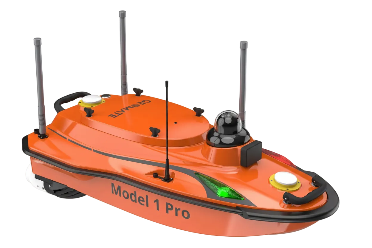 An orange robotic underwater vehicle labeled 'Model 1 Pro' shown on a solid background. The vehicle features a bright orange hull, black deck and trim, three grey antennas, a dark dome-mounted camera, and small white and yellow details.