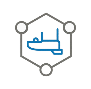 Hexagonal icon with a blue boat inside on a white background