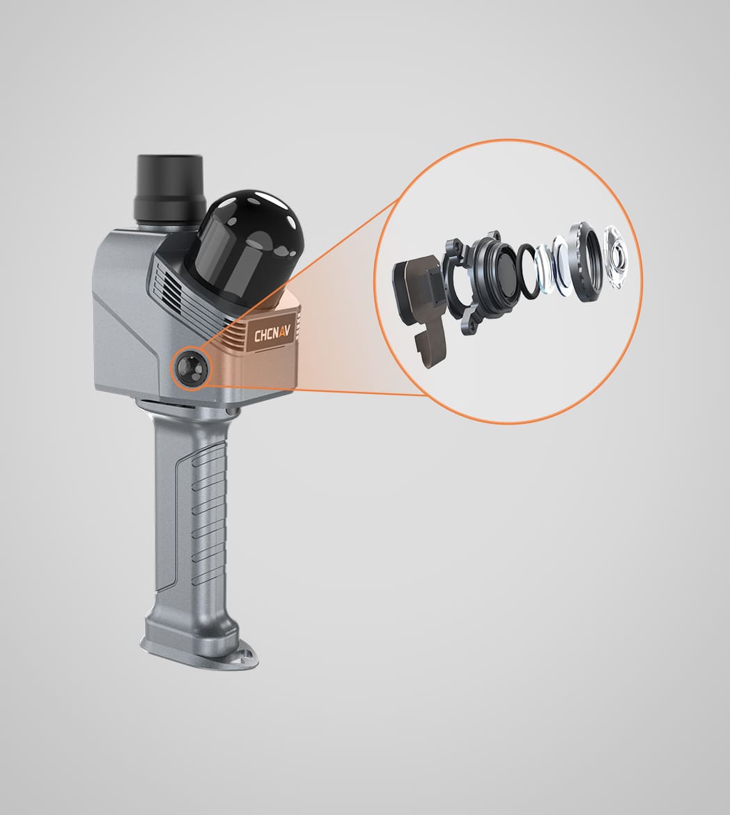Handheld device with a detachable lens module on a gray background